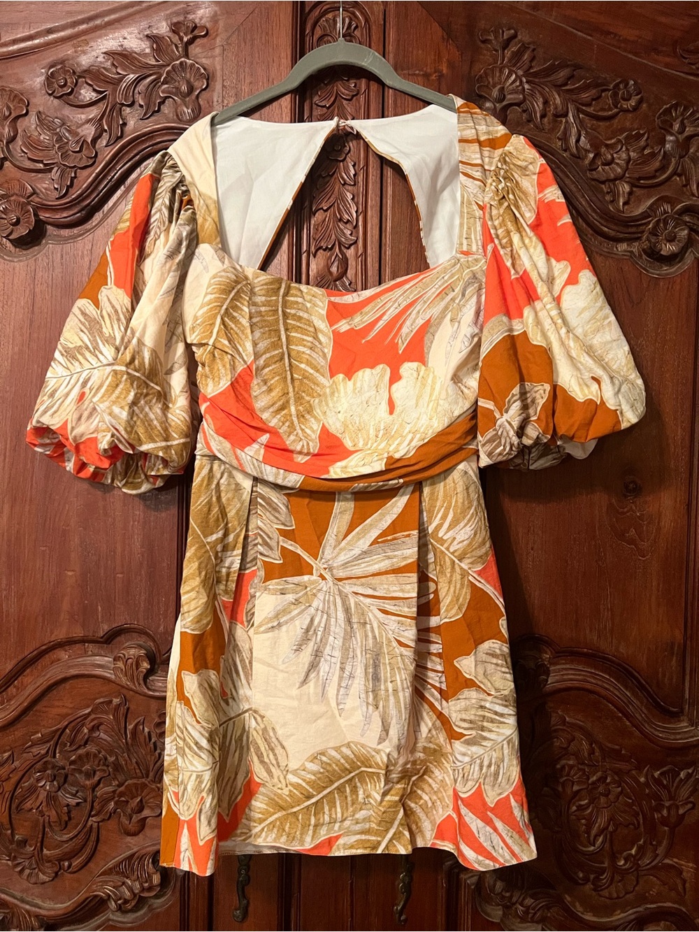 ASOS Design Coral, Tan & Cream Tropical Puff-Sleeve Mini Dress sz 8